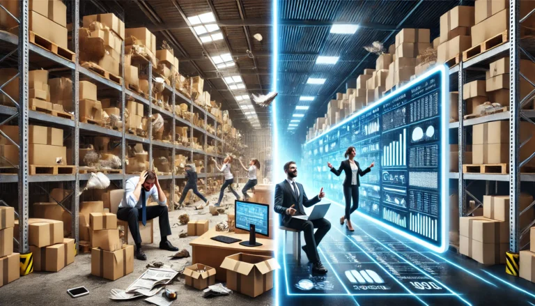 A split-view of a warehouse—one side in chaos with overstocking and stockouts, the other side optimized and efficient with AI in inventory management