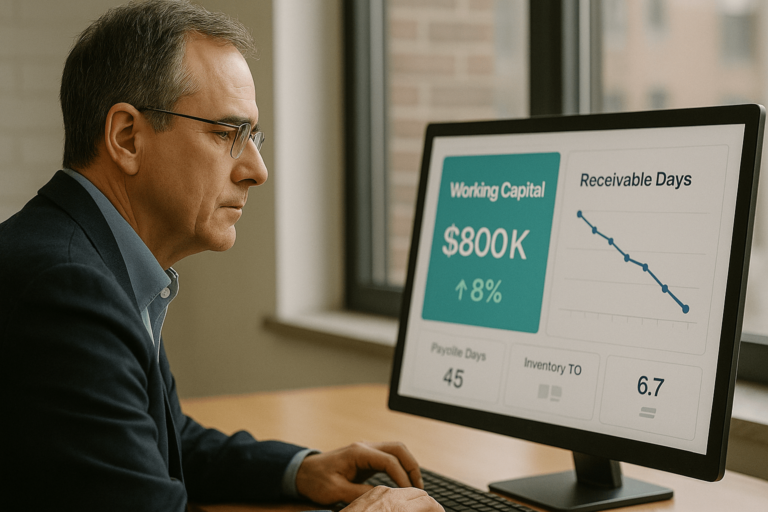 A business leader reviews a dashboard showing receivables under control, with DSO falling and working capital rising, symbolising financial discipline and confidence.