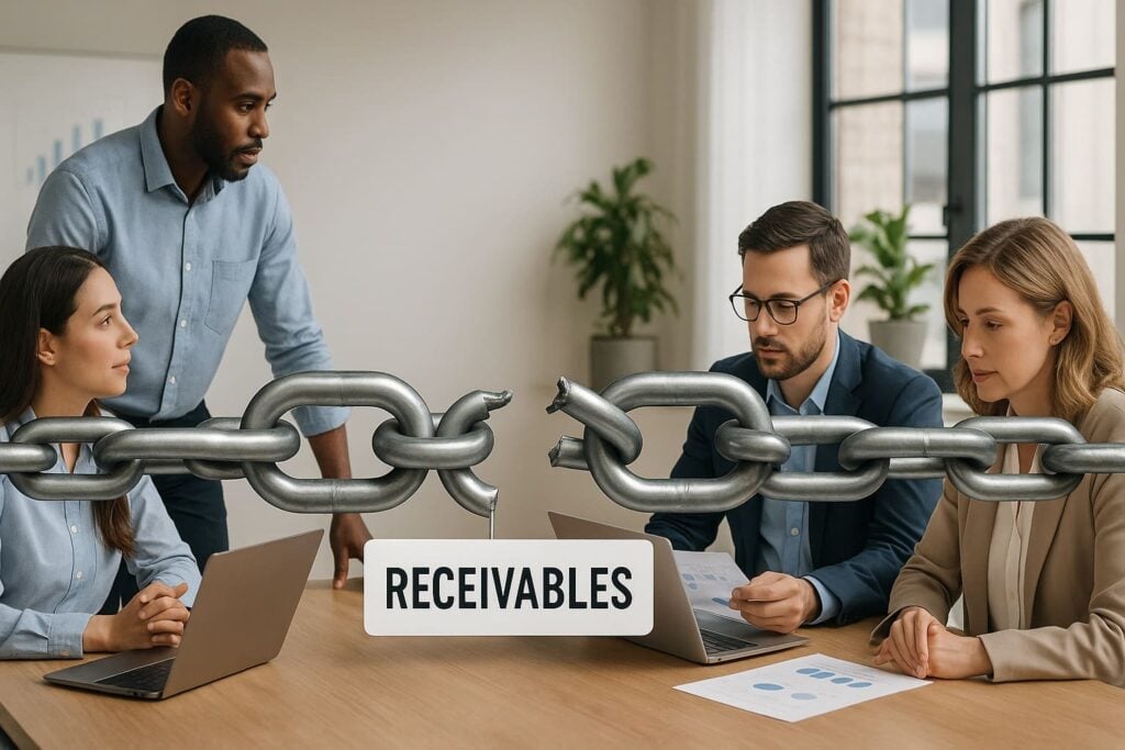 A cracked chain link labelled receivables showing how weak receivable discipline can break the connection between operations and working capital strength.