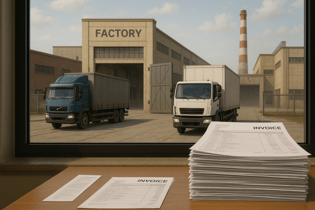 Factory trucks move out while unissued invoices gather dust on a desk, reflecting how missed paperwork silently freezes working capital and stresses the CFO.
