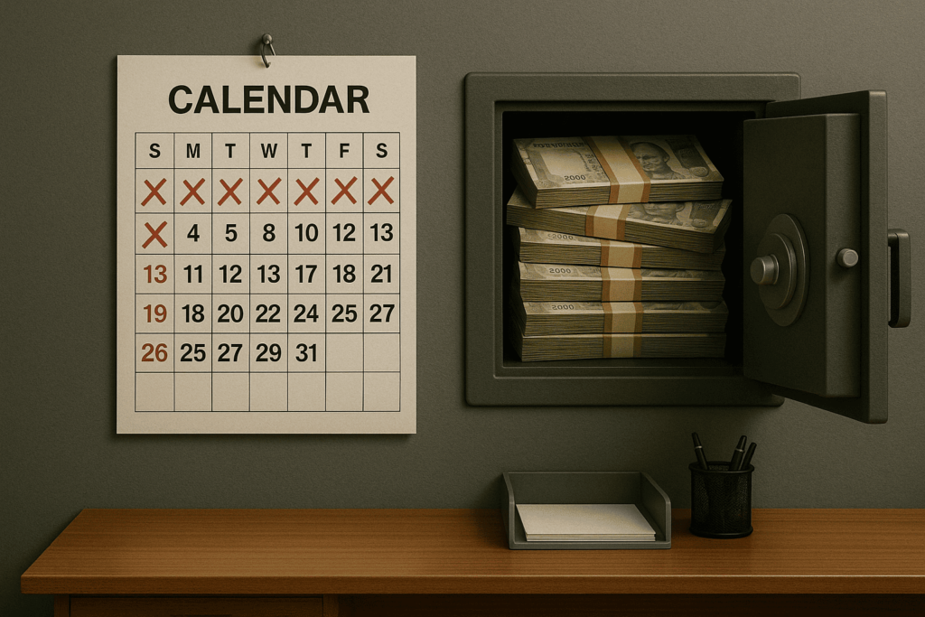 In a mid-cap enterprise office, cash piles are shown locked behind a calendar, symbolising how long payment cycles trap working capital that could reduce debt or fund growth.