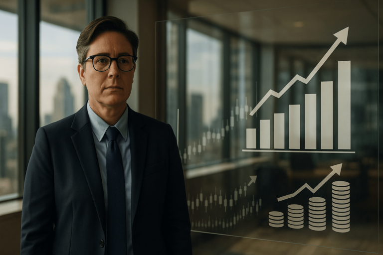 A business leader reviewing digital dashboards with charts and coins, symbolizing unlocking capital for growth.